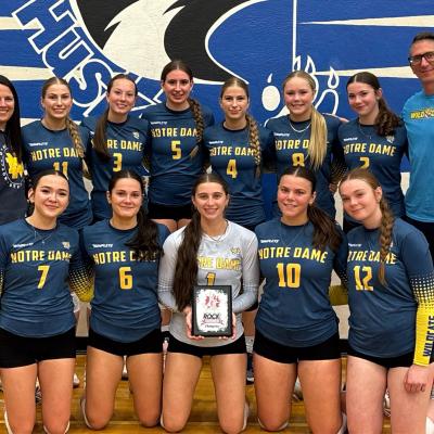 Notre Dame (Bonnyville) Team History: Highlights of the year include qualifying for the medal round and the 2025 Tri-Volley tournament in Sherwood Park, a silver medal at the Sturgeon invitational, and winning gold at the Rocky Mountain Classic.